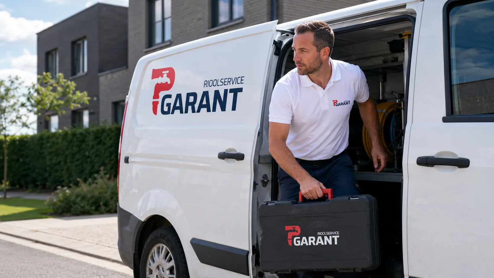Vakman van Rioolservice Garant met bestelwagen voor een Vlaamse woning